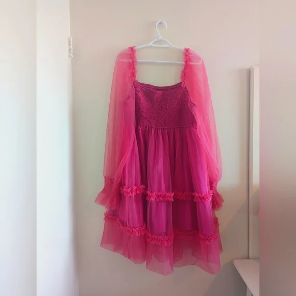 SHEIN Plus Ruffle Hem Shirred Flounce Sleeve Mesh Dress Hot Pink - Picture 2 of 5